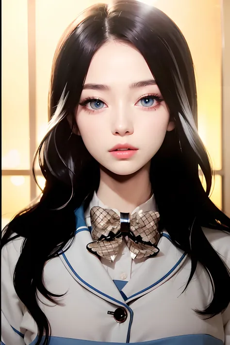 masterpiece, best quality, beautiful woman, blue eyes, (detailed pupils:1.2), eyelash, black hair, streaked hair, multi color, medium hair, perfect face, detailed,