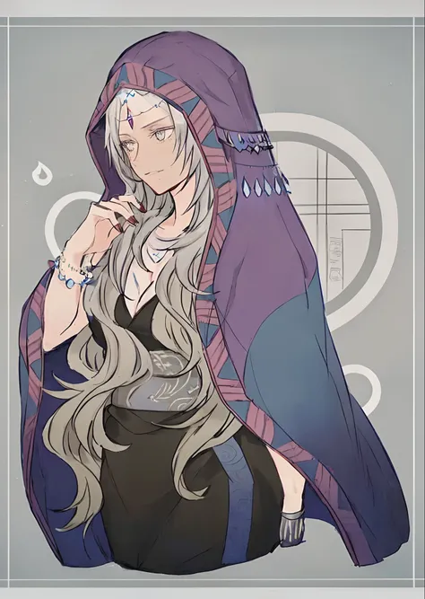 a drawing of a woman with long hair and a veil, (+ dark skin), in a black dress, flowing hair and long robes, anime tribal gril with long hair, wearing a flowing veil, gandalf as a woman, elfic priestess, boho chic | | very anime!!!, human :: sorceress, /!...