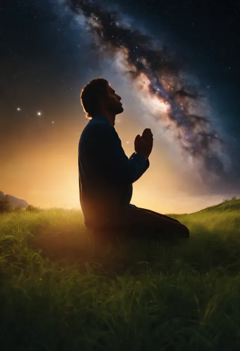 A person in prayer and in tune with God in the grass and with the sky full of galaxies image in 4k and realistic