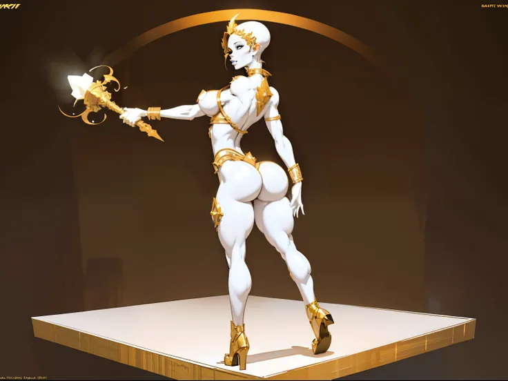 masterpiece, full body,1girl, colored skin, (white skin:1.4), ((bald head)),walking Away, large breasts, (large ass:2.0), intricate gold jewelry, (pasties:1.5), gold armlet, detailed background, cyberpunk bar, whitefire lights, dystopian future, ((shiny sk...