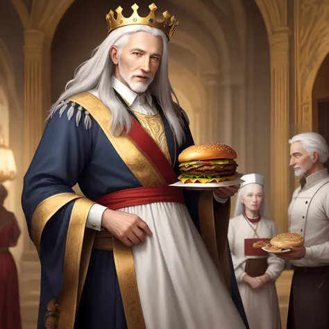 King Solomon, sixty years old, A hyper-realistic, white  hair, Shiny Crown, Long grey hair,Have a hamburger,The King of Hamburgers,Frescoes,Golden embroidery,Golden decoration