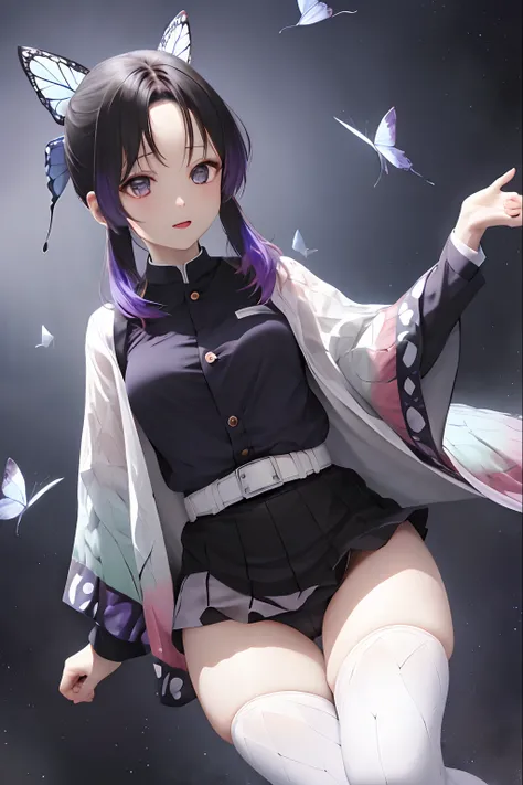 ​masterpiece, top-quality, Hi-Res, 1girl in, 独奏, kochou shinobu, butterfly hair ornament, a purple eye, O cabelo multicolorido, shorth hair, partedbangs, Black skirt,Black jacket, long-sleeve, a belt　are flying，Fly in the night sky，Open your legs back and ...