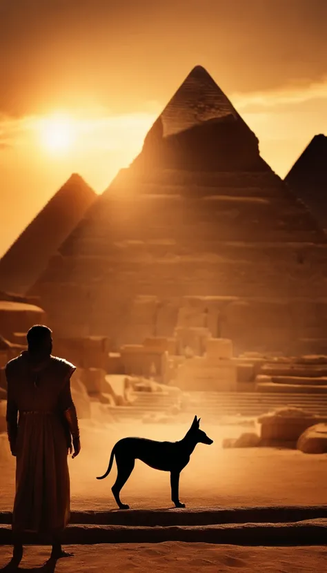 Dios egipcio anubis caminando por la noche egipto, pyramids, , y un gato a su lado, ankh en su mano del Dios