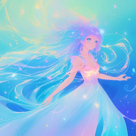 beautiful anime girl in colorful liquid dress, vibrant pastel colors, (colorful), magical lights, sparkling lines of light, inspired by Glen Keane, inspired by Lois van Baarle, disney art style, by Lois van Baarle, glowing aura around her, by Glen Keane, j...