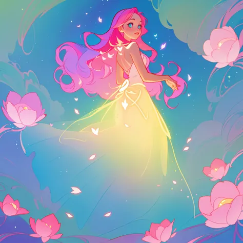 beautiful girl in flowing gradient layered ballgown, flowing pink hair, whimsical fantasia and flowers background, vibrant pastel colors, (colorful), magical lights, magical flowers, flowers, glowing lights, red pink long wavy hair, sparkling lines of ligh...