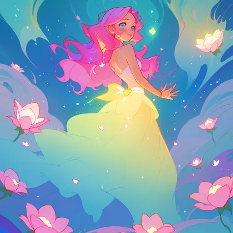 beautiful girl in flowing gradient layered ballgown, flowing pink hair, whimsical fantasia and flowers background, vibrant pastel colors, (colorful), magical lights, magical flowers, flowers, glowing lights, red pink long wavy hair, sparkling lines of ligh...