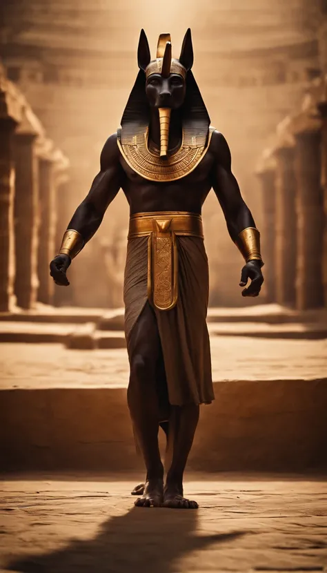 Dios egipcio Anubis caminando en egipto antiguo, , ankh en su mano del Dios