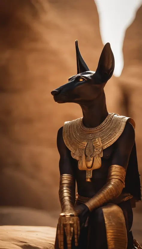 Dios egipcio Anubis caminando en egipto antiguo, , ankh en su mano del Dios