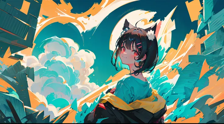 ((close-up side profile of solo catgirl, nekomimi)), ((short black hair in a fluffy wavy bob-cut with turquoise highlights)), (bangs with turquoise highlights), big smile, big grin, side glance, masterpiece, red eyes, chaotic background, (one-side off-shou...