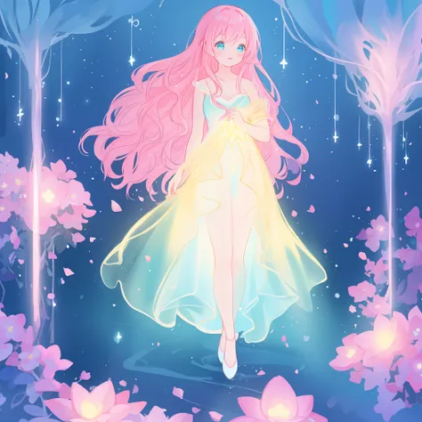 beautiful girl in flowing gradient layered ballgown, flowing pink hair, whimsical fantasia and flowers background, vibrant pastel colors, (colorful), magical lights, magical flowers, flowers, glowing lights, red pink long wavy hair, sparkling lines of ligh...