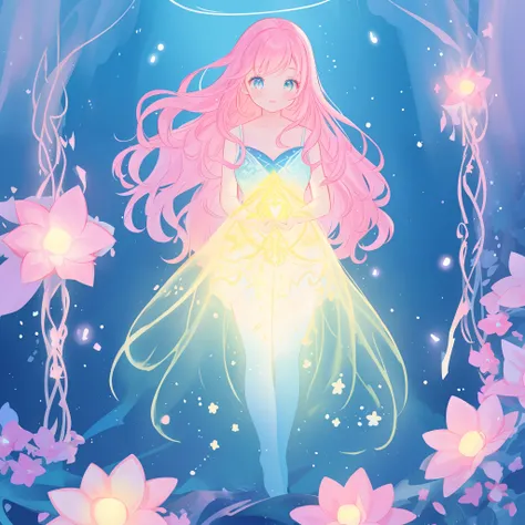 beautiful girl in flowing gradient layered ballgown, flowing pink hair, whimsical fantasia and flowers background, vibrant pastel colors, (colorful), magical lights, magical flowers, flowers, glowing lights, red pink long wavy hair, sparkling lines of ligh...