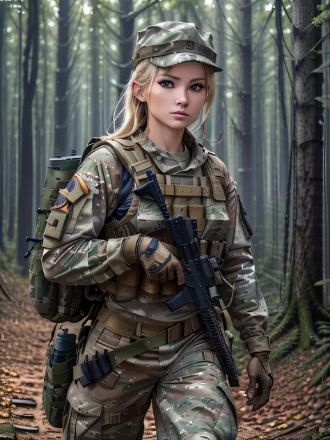 ((​masterpiece、ultra fine photos、top-quality、超a high resolution、photorealsitic、foco nítido、bustshot、(beautiful female soldier、30...