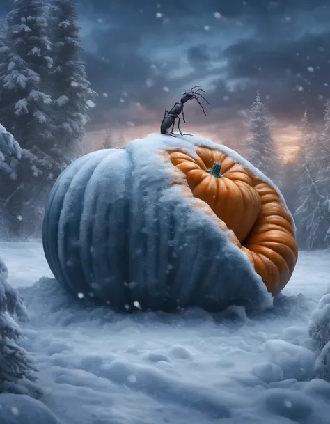 Winters，Thick snow，An ant on a giant pumpkin，(Best quality,4K:1.2),(Realistic,Photorealistic:1.37),hdr,concept-art,Winter feeling,Cool blue tones,Soft glowing light.