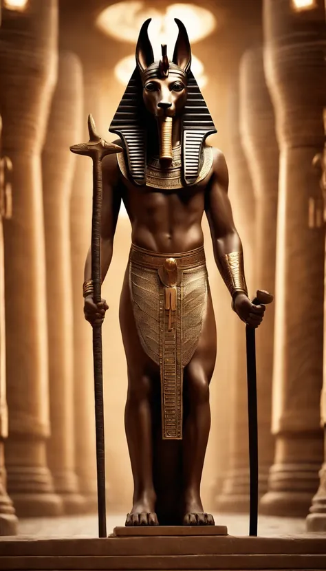 Dios egipcio Anubis caminando en egipto antiguo, , ankh en su mano, Egyptian staff UAS in one hand