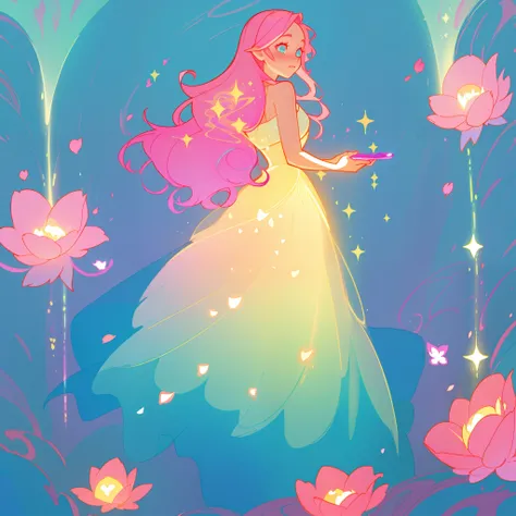 beautiful girl in flowing gradient layered ballgown, flowing pink hair, whimsical fantasia and flowers background, vibrant pastel colors, (colorful), magical lights, magical flowers, flowers, glowing lights, red pink long wavy hair, sparkling lines of ligh...