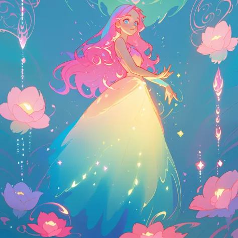 beautiful girl in flowing gradient layered ballgown, flowing pink hair, whimsical fantasia and flowers background, vibrant pastel colors, (colorful), magical lights, magical flowers, flowers, glowing lights, red pink long wavy hair, sparkling lines of ligh...