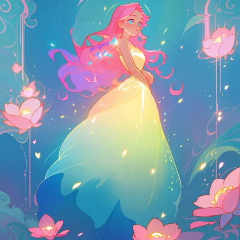 beautiful girl in flowing gradient layered ballgown, flowing pink hair, whimsical fantasia and flowers background, vibrant pastel colors, (colorful), magical lights, magical flowers, flowers, glowing lights, red pink long wavy hair, sparkling lines of ligh...