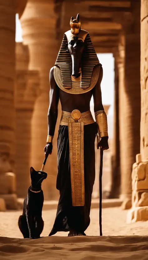 Dios egipcio Anubis caminando en egipto antiguo, , ankh en su mano, Egyptian staff UAS in one hand, Pyramids Back, A Cat Accompanies