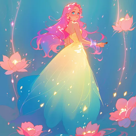 beautiful girl in flowing gradient layered ballgown, flowing pink hair, whimsical fantasia and flowers background, vibrant pastel colors, (colorful), magical lights, magical flowers, flowers, glowing lights, red pink long wavy hair, sparkling lines of ligh...