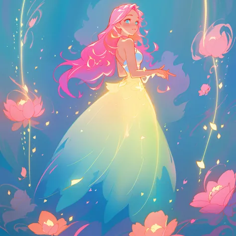 beautiful girl in flowing gradient layered ballgown, flowing pink hair, whimsical fantasia and flowers background, vibrant pastel colors, (colorful), magical lights, magical flowers, flowers, glowing lights, red pink long wavy hair, sparkling lines of ligh...