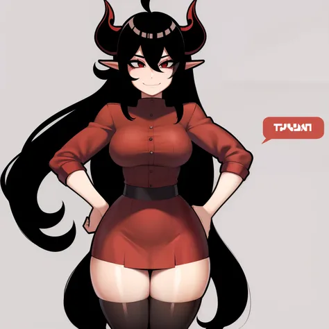 Solo girl, long black hair, facing the camera, red horns, red eyes, red uniform, stockings, standing