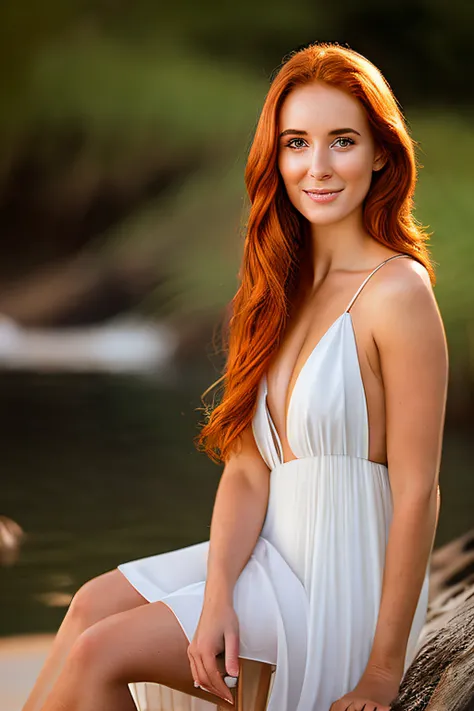 A stunning 8K UHD portrait of a beautiful woman in her mid-twenties with long, ginger hair. Her almond-shaped eyes and radiant face are illuminated by the soft, two-tone beach lighting. She stands barefoot at the waters edge, donning a revealing summer dre...