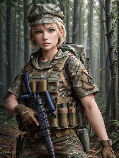 ((​masterpiece、ultra fine photos、top-quality、超a high resolution、photorealsitic、foco nítido、bustshot、(beautiful female soldier、30...