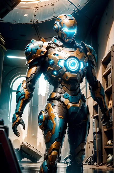 (Futuristic :1.4), Unidade de Busca e Salvamento,1 soldado, Searching in ruins with scanning devices, ((futuristic armor AND tactical helmet)), ((PLANETA azul no fundo)) , Armadura Laranja, capacte estilo ironman, UHD, master part