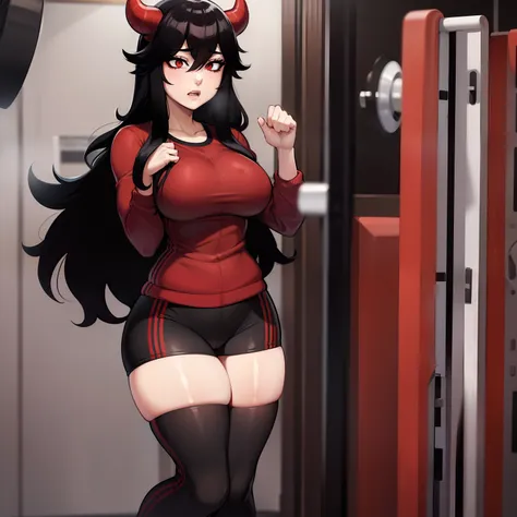 Solo girl, long black hair, facing camera, red eyes, stockings, gym clothes, red horns, large chest, at the gym