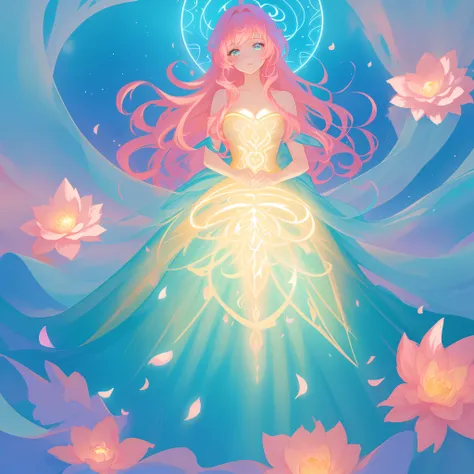 beautiful girl in flowing gradient layered ballgown, flowing pink hair, whimsical fantasia and flowers background, vibrant pastel colors, (colorful), magical lights, magical flowers, flowers, glowing lights, red pink long wavy hair, sparkling lines of ligh...