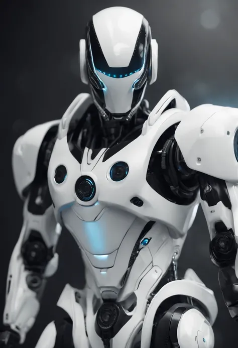 A male android robot in white and black color, Estilo exterminador, dois olhos redondos de led azul, corpo masculino completo, fundo branco, corpo inteiro, corpo inteiro, estilo arte digital 2d, should appear legs and feet