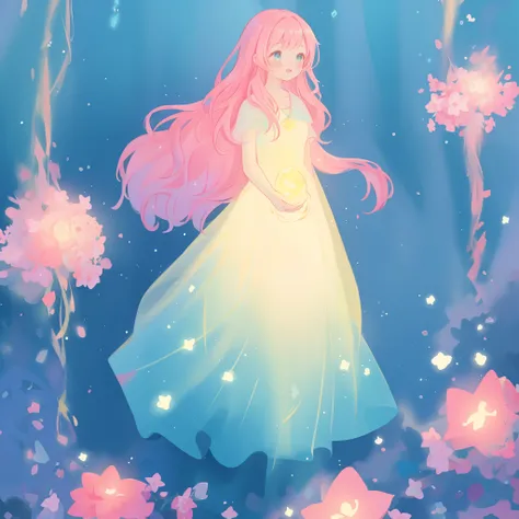 beautiful girl in flowing gradient layered ballgown, flowing pink hair, whimsical fantasia and flowers background, vibrant pastel colors, (colorful), magical lights, magical flowers, flowers, glowing lights, red pink long wavy hair, sparkling lines of ligh...