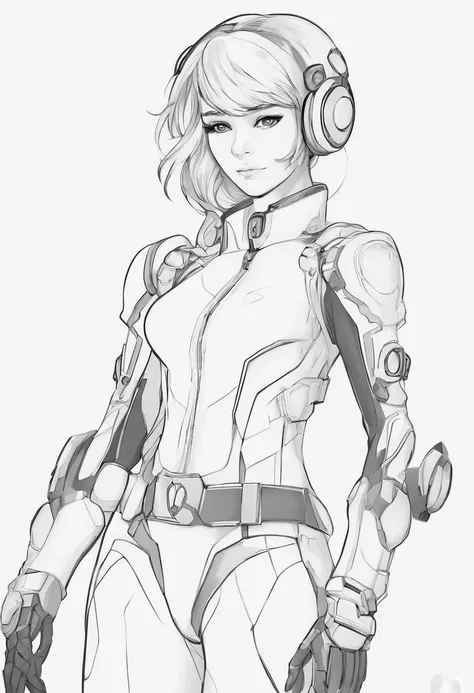 A teenage girl in a straitjacket，（（arte conceitual do personagem）），((CharacterDesignSheet、Mesmo papel、Fachada、Face lateral、on back))，design de personagens do jogo，com um fundo branco puro，cabelos loiros curtos，olhos azuis，White mech driving suit，piloto de ...