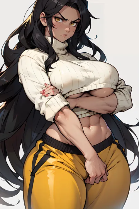 ((muscular thick thighs huge breasts)) black hair yellow eyes very long hair sweater sweatpants girl simple background angry midriff