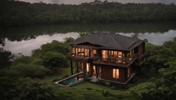 Single-family duplex house next to water bodies and forests in tropical climates