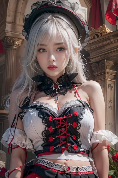 Photorealistic, High resolution, 1womanl, Solo, hips up high, view the viewer, (Detailed face), White hair, Long hair, Red Maid Outfit, Jewelry、）((off shoulders)）、（((Skirt up))）、）（(up skirt)）（（Black lace panties visible））