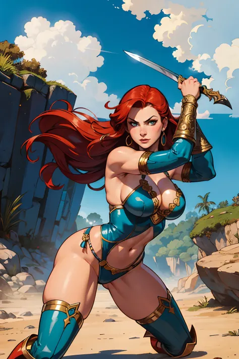 Art richly inspired by Esteban Marotos line,Red Sonja,1mulher de longos cabelos vermelhos jogados ao vento,olhos verdes selvagens,middlebreasts,cintura delgada,usando uma armadura feita com cota de malha e pele animal,Holding a sharp longsword in full acti...