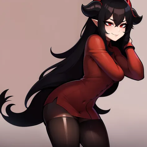 Solo girl, long black hair, facing the camera, red horns, red eyes, red uniform, stockings, standing