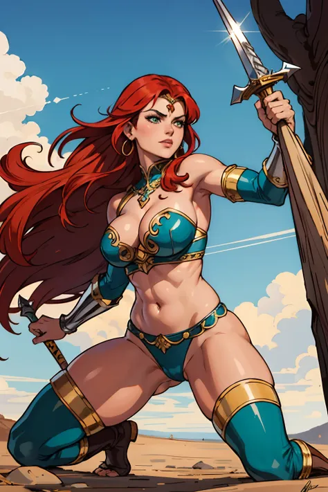 Art richly inspired by Esteban Marotos line,Red Sonja,1mulher de longos cabelos vermelhos jogados ao vento,olhos verdes selvagens,middlebreasts,cintura delgada,usando uma armadura feita com cota de malha e pele animal,Holding a sharp longsword in full acti...