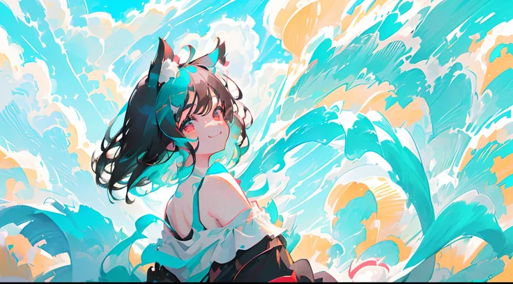 ((close-up side profile of solo catgirl, nekomimi)), ((short black hair in a fluffy wavy bob-cut with turquoise highlights)), (bangs with turquoise highlights), big smile, big grin, side glance, masterpiece, red eyes, chaotic background, (one-side off-shou...