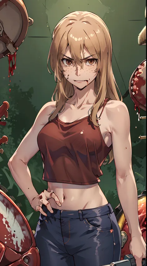 (masterpiece), best quality, highres, aoki1, brown eyes, freckles, cropped tank top, cowboy shot, ((blood on face, merciless, bl...