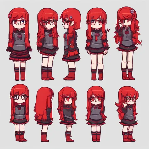 1girl,fullbody,chibi,((red-framed)) (under-rim) glasses, 
red eyes,12 years old, (side swept bangs:1.8), asymmetrical bangs,red hair, [[[short]]] hair,simple background