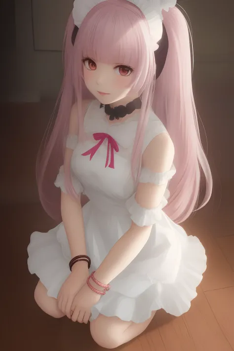 A nekopara styled puppy girl with a maid outfit and pink bracelets and long white hair