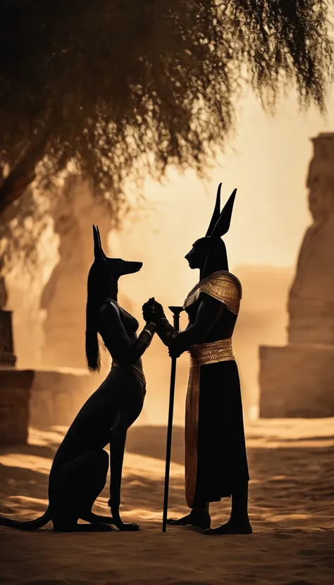 Anubis seduciendo a una mujer; Y otra mujer que vigila a Anubis