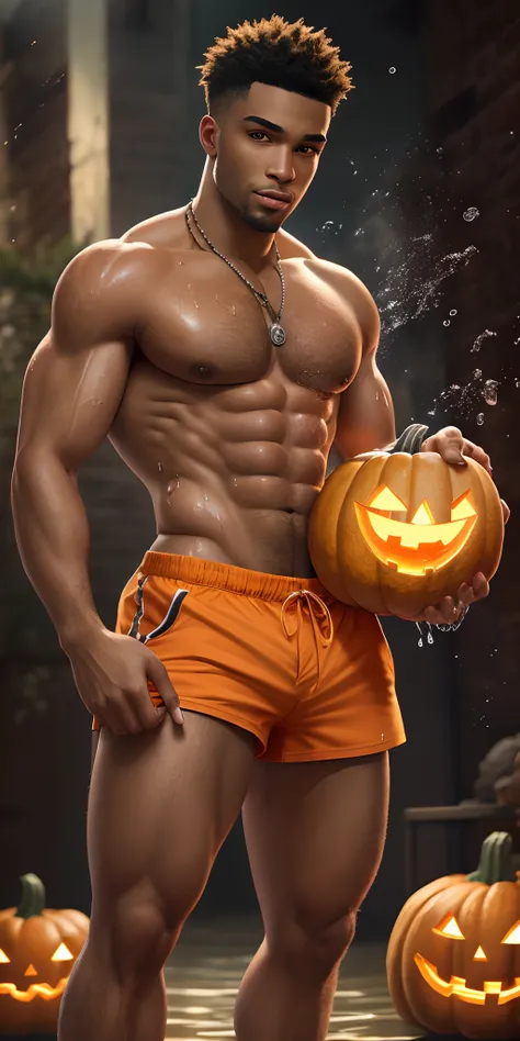 masterpiece, best quality, highly detailed ,  handsome black man , grabbing crotch,   masculine, round face,  hairy chest, stubble,  necklace, (  shirtless ) , ((  orange tight short shorts, wet shorts )), sexy, flirty, naughty, seducer,   pouty lips, lust...