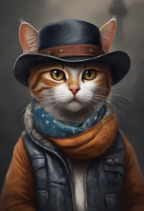 Painting of a cat in a hat and scarf, Trendy ArtStation, Punk attire, Detailed, ultra-realistic rendering, British gang members, Street style, intimidating pose, planet of cats, Trendy clothes, Urban Samurai, Meow, West Slavic features, 8 1 5