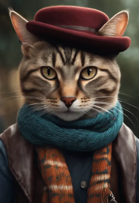 Painting of a cat in a hat and scarf, Trendy ArtStation, Punk attire, Detailed, ultra-realistic rendering, British gang members, Street style, intimidating pose, planet of cats, Trendy clothes, Urban Samurai, Meow, West Slavic features, 8 1 5