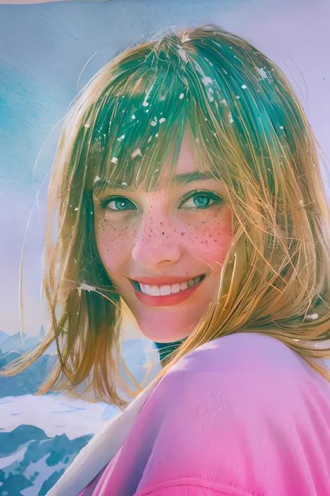 portrait of beautiful smiling woman with some freckles, snow-covered mountain landscape background by ilya kuvshinov and annie leibowitz. synthwave watercolor painting on canvas trending in artstation dramatic lighting abstract expressionism pastel shades ...