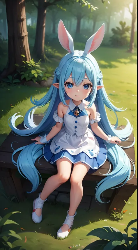 White rabbit with carrots and long ears,  long white ears、Im with a girl with long blue hair and a chibi character。This is a lovely white and blue sexy outfit。White panty、Dark eyes。cute forest creature, Cute mushrooms also grow、Lovely digital painting, cut...