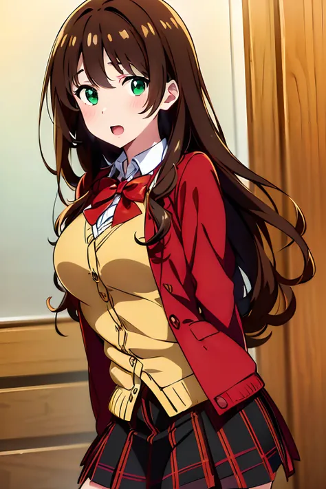 ((masterpiece, best quality, highres, UHD, perfect pixel, depth of field, 4k, RTX, HDR))), 1girl, single, solo, beautiful anime girl, beautiful artstyle, anime character, ((long hair, bangs, dark brown hair, simple hair pin)), ((green eyes:1.4, detailed ey...